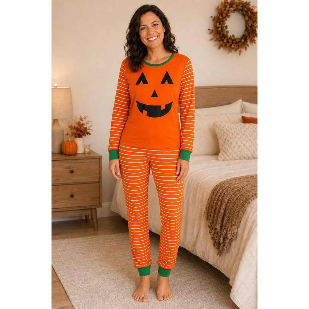 Hanna Andersson Womens Pumpkin Halloween Pajama Set Orange Striped Large L PJ